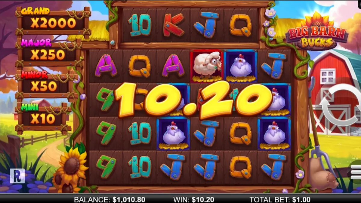 Big Barn Bucks slot machine interface na may mga hayop at farm theme